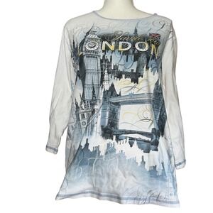 Y2K CJ Banks London Graphic Top‎ UK England Union Jack Big Ben 1X Womens Bling